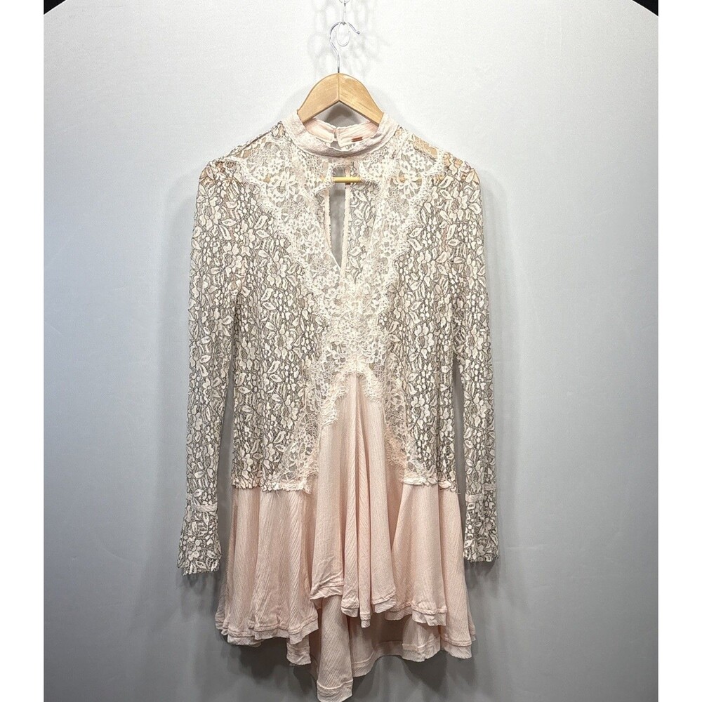 Free People Tell Tale Lace Tunic Dress Pink M OB556692 Boho Sheer Long Sleeve - Picture 2 of 14